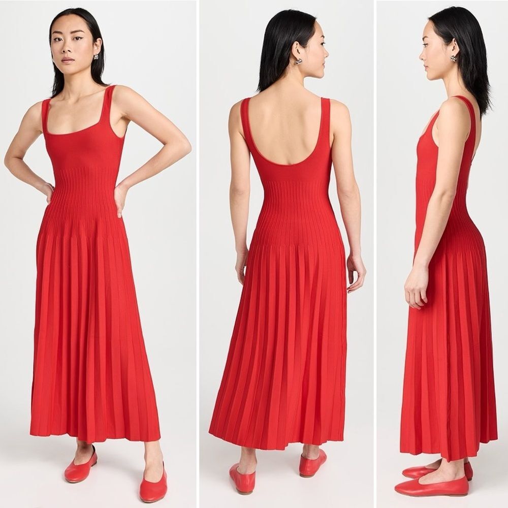 STAUD Ellison Rib-Knit Sleeveless Square Neck Midi Dress Red XL
